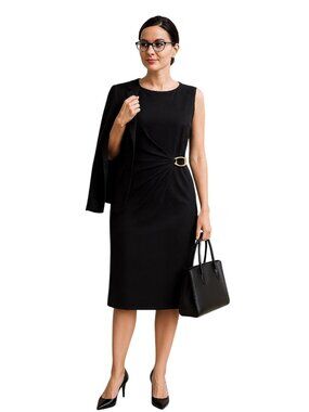 Calvin Klein 16W Black Below Knee Business Classic Sleeveless Dress Gold Accent